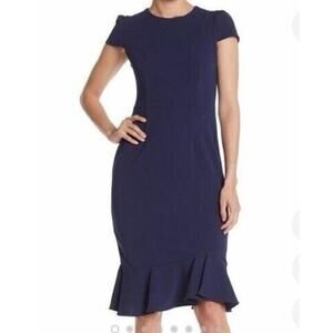 Betsey Johnson Navy Blue Scuba Crepe Sheath Dress Ruffle Hem Flounce Sz 14w